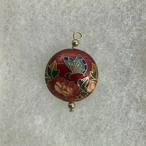Vintage doppelseitiger Cloisonné roter Emaille runder Anhänger rote Blumen Schmetterling - Bild 1 von 8