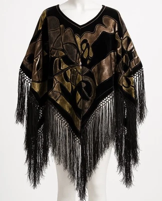 Poncho Terciopelo Burnout Con Flecos Dobladillo y Audaz Abstracto Multicolor Diseño Seda OS Foto 1 de 4