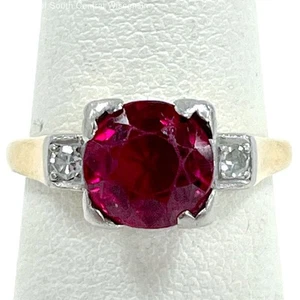 14k Gold Pretty Square Setting Lab Created Ruby Diamond Ring Size 5.25, 3.38g - Picture 1 of 6