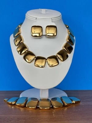 VNTG Napier Bold Gold Tone Square Link Necklace Bracelet Clip Earrings Set READ - Image 1 of 4