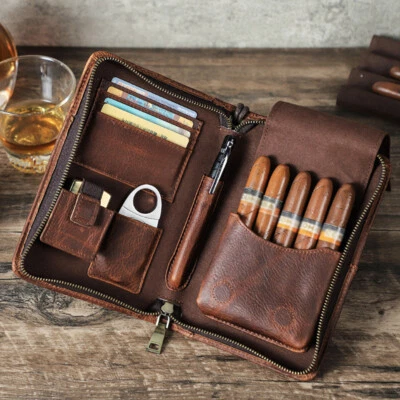 Genuine Leather Cigar Case Holder Travel Humidor Set Lighter Cutter Pocket Box## - Image 1 of 4