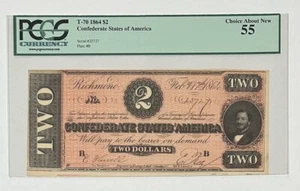 1864 Confederate States of America $2 Note - PCGS Choice About New 55 A3 - Picture 1 of 3