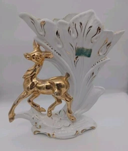 Vintage italienische handverzierte weiße Porzellan Relief Gold Hirsch & Borte 13,5 in Vase - Bild 1 von 9
