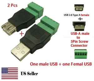 2 Pcs USB 2.0 Type A Female/Male to 5 Pin Screw Terminal Plug Connector - Picture 1 of 1