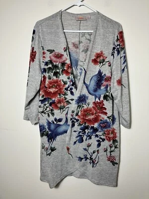 Quacker Factory XL Open Front Cardigan Lightweight Art To Wear Floral Bird - Image 1 of 4