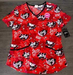 Disney Mickey Minnie Valentines NWT Women’s Performance Stretch Scrub Top - Picture 1 of 4