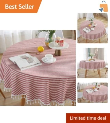 Elegante Mantel Redondo 70" Rayas Rojas Mezcla Algodón con Borlas - Estilo Boho Foto 1 de 4