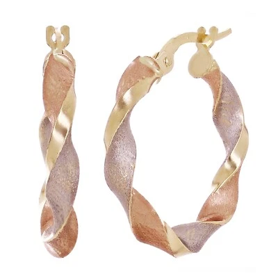 Italian 14k Tri-Color Gold Hollow Satin Twisted Hoop Earrings 22.8mm x 3mm 1.8g - Image 1 of 4