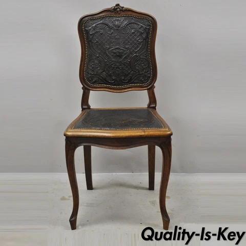 Antique French Louis XV Style Brown Embossed Leather Walnut Dining Side Chair C Cover