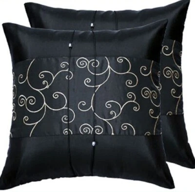 2 Thai Silk Decor Throw Pillow Cushion Cover Cases Sofa Floral Black 16x16 - Image 1 of 3