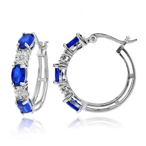 Sterling Silver Oval Created Blue Sapphire and Diamond Accent Hoop Earrings - Picture 1 of 3