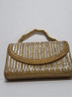 Bolso de noche vintage dorado plateado con cuentas hecho a mano Hong Kong bolso sin asas asa Foto 1 de 4