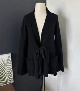 DONNA KARAN Black Label Cashmere Cardigan Silk Front Ties Long Sleeve Pockets S - Picture 1 of 10