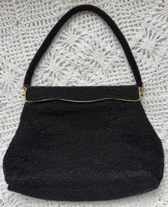 Vintage Beaded Purse Hong Kong Black Heavy Gold Metal Flap Closure & Frame 7” H - Picture 1 of 10