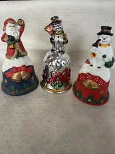 Vintage Christmas Bells Snowman, Santa, Porcelain Painted - Picture 1 of 13