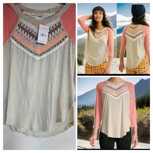 Free People Top XS schwankende Palmen Kombination Frühling gebunden Häkel Ausschnitt T-Shirt Neu mit Etikett $ 98 - Bild 1 von 8