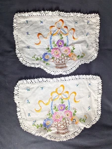 Set of 2 Vtg Embroidered Linen Sandwich Doilies Crochet Edge Floral Basket 13" - Picture 1 of 5