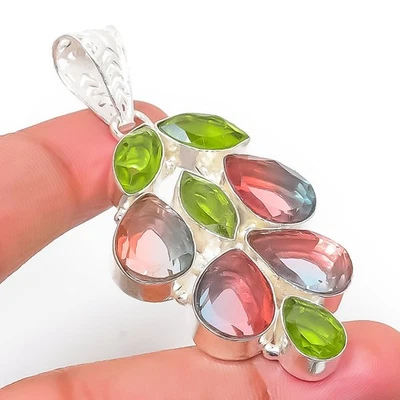 Bi-Color Tourmaline, Peridot Gemstone 925 Sterling Silver Jewelry Pendant 2.36" - Image 1 of 4