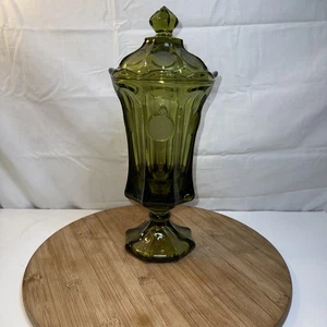 Fostoria olivgrüne Urne mit Münzglasdeckel Vintage mit Deckel - Bild 1 von 8
