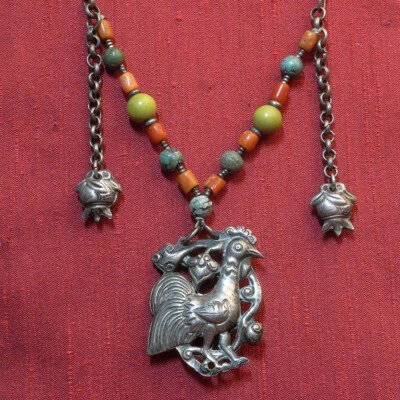 Antica collana argento corallo turchese dinastia QING QILIN dynasty Chinese '800 - Immagine 1 di 4