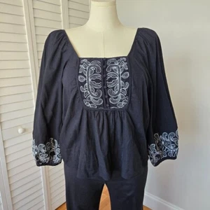 Kalligrafie schwarze bestickte Bluse Damen L Boho Bauern Hippie Festival - Bild 1 von 15