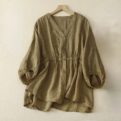 Women Casual V-neck Blouse Shirt Top Cotton Linen Loose Button Tie Waist Blouse - Image 1 of 4