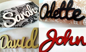 10 personalised wooden laser cut name tags place cards wedding table colour gold - Picture 1 of 10