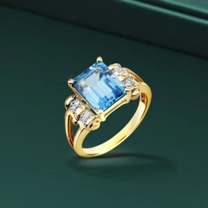 14K Real Solid Gold Natural 2.80 Carat Emerald-Cut Swiss Blue Topaz Diamond Ring - Picture 1 of 6