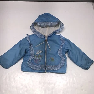 Vintage 70’s Girls Toddler Jacket 18 Mo Blue Embroidered Ruffle Hood Lined Zip - Picture 1 of 20