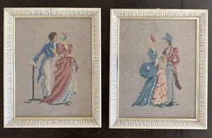 Set of 2 Framed Needlepoint Handmade Romantic Victorian Couple 8x10” Vintage - Picture 1 of 11