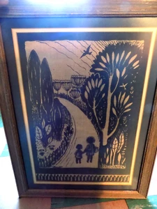 Xilografia firmata vintage? su Tela Bambini su Sentiero con Alberi Groovy MCM Incorniciato ARTE - Foto 1 di 14
