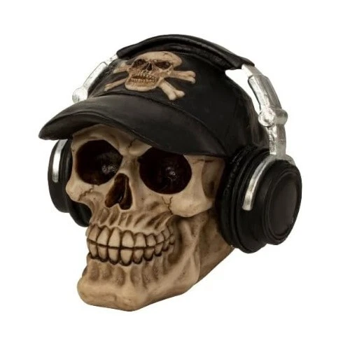 Halloween simulazione teschio con cappello da baseball e cuffie in resina H 14CM - Immagine 1 di 1