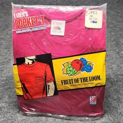 Vintage Fruit of the Loom Mens Pocket T Tee Tshirt 1991 Pink Large NOS Package - Image 1 of 4