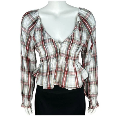 Top corto a cuadros American Eagle para mujer talla XL manga larga con cuello en V Foto 1 de 4