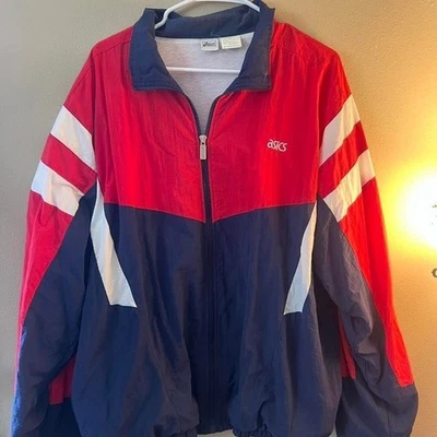 Chaqueta cortavientos vintage Asics roja azul blanca bloque de color cremallera completa XL Foto 1 de 4