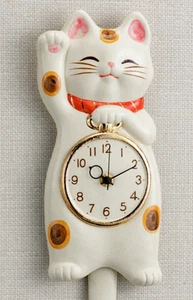 Japanese White Lucky Cat Manekineko Pendulum Wall Clock Pottery Seto ware Gift - Picture 1 of 18