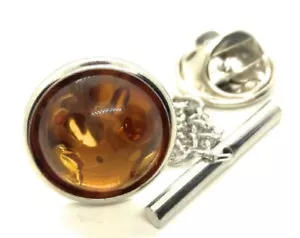 GENUINE AMBER TIE TACK LAPEL PIN SILVER - Picture 1 of 4