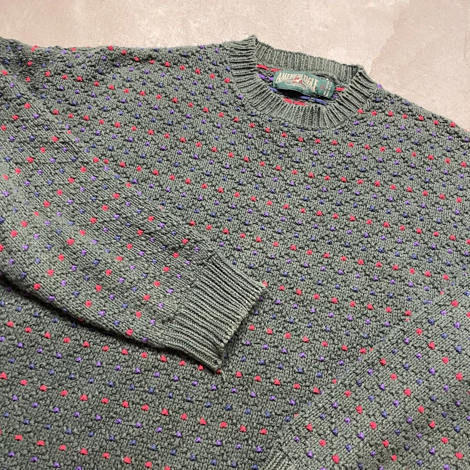 Suéter Vintage American Eagle Birdseye L Hecho en EE. UU. Outfitters Años 90 Rojo Azul Foto 1 de 4