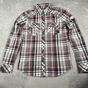 Affliction Shirt Mens Medium Red Black Plaid Button Up Athletic Long Sleeve Y2K - Picture 1 of 11