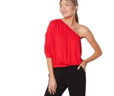 LNA Clothing Evereve Womens Ashra One Shoulder Top Red Ribbed Knit S New - Image 1 of 3