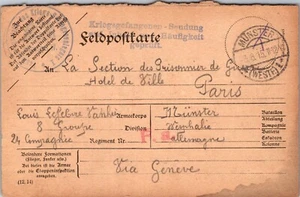 GERMANY 1915 WWI POSTAL FELDPOSTCARTE POW ADDR PARIS FRANCE CANC MUNSTER - Picture 1 of 2