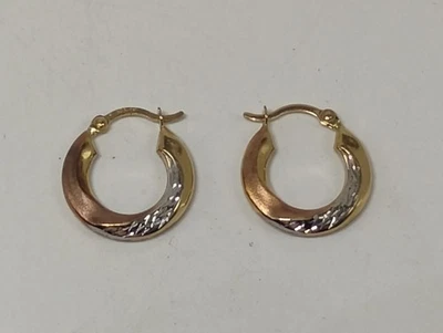Girls Brand New 10k Yellow Rose & White Gold Twist Diamond Cut Hoop Earrings - Image 1 of 4