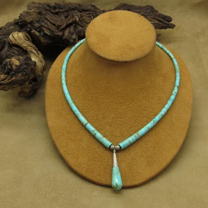 Beautiful Turquoise Heishi and Teardrop Pendant Necklace 17.5" - Picture 1 of 6