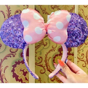 Disney-Parks Stirnband lila Pailletten rosa gepunktet Schleife Minnie Mickey Mouse Ohren - Bild 1 von 7