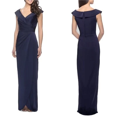 LA FEMME Vestido Columna Sobreplice Fuera del Hombro en Azul Marino 14 Foto 1 de 4