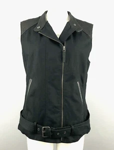 Chaleco Moto Lucky Brand Mujer L Negro Lona Cuero Cremallera Completa Bolsillos con Cinturón - Imagen 1 de 7