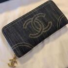 Chanel Coco Denim Long Wallet Blue Gold 240410N