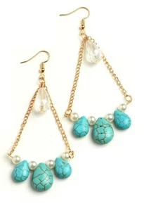 Turquoise Pearl Bead Drop Chain Dangle Earrings #E4109 Gold or Silver-Tone - Picture 1 of 2