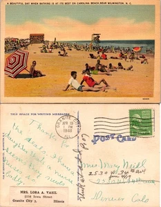 Carolina Beach Carolina del Norte postal escena de playa histórica 1948 - Imagen 1 de 1