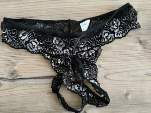 Sexy Dessous: Spitzen-Tanga - Ouvert - Silber-Schwarz Gr. XXL - Bild 1 von 5